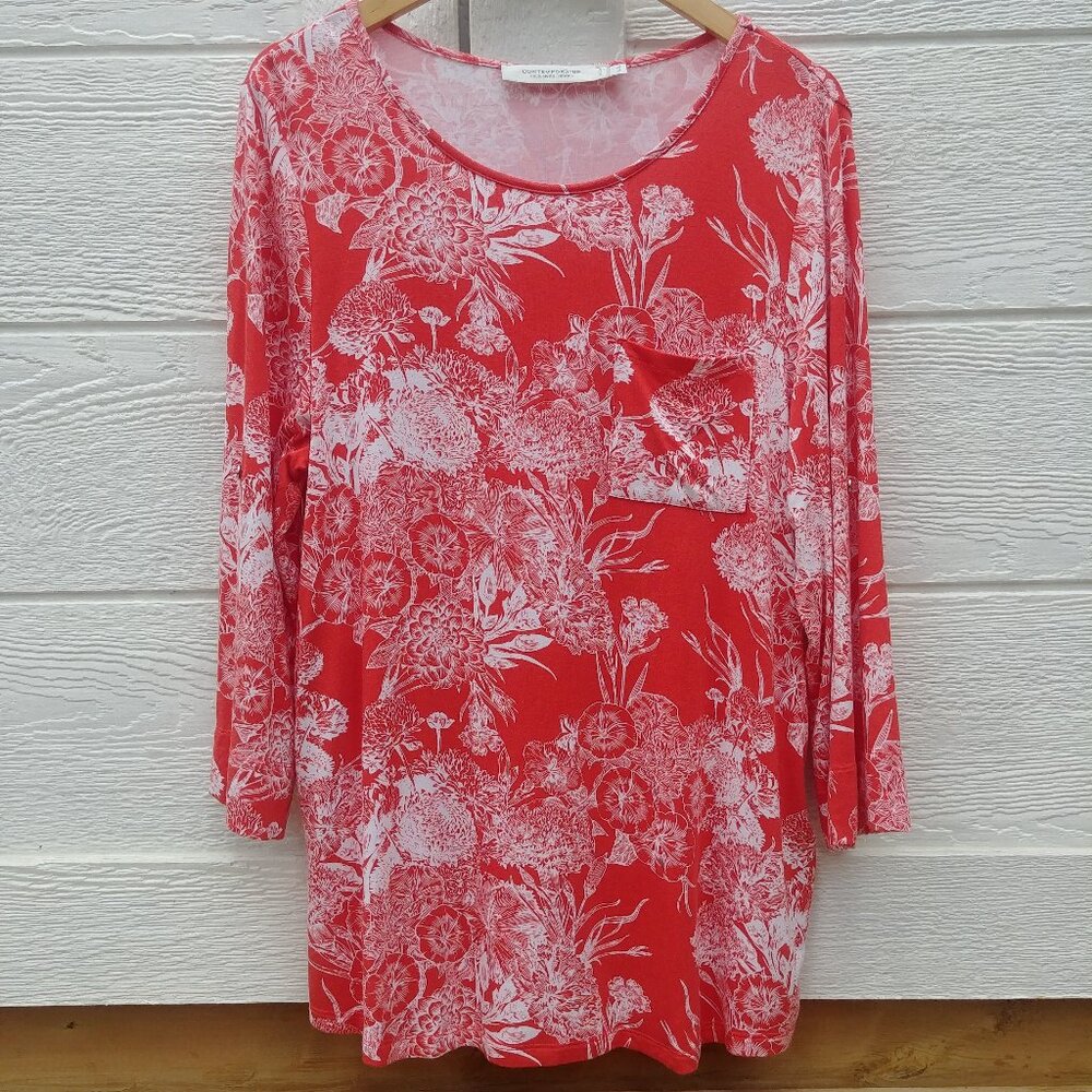 Contemporaine for Simons red white floral stretchy soft blouse top XL
